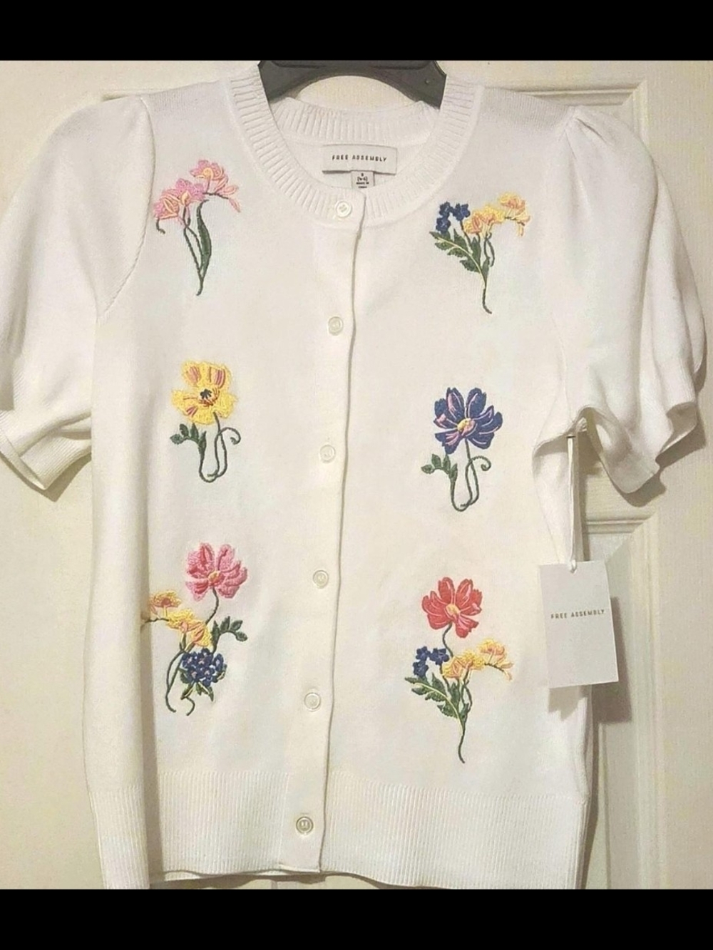 Free Assembly White Floral Embroidered Short-Sleeve Cardigan